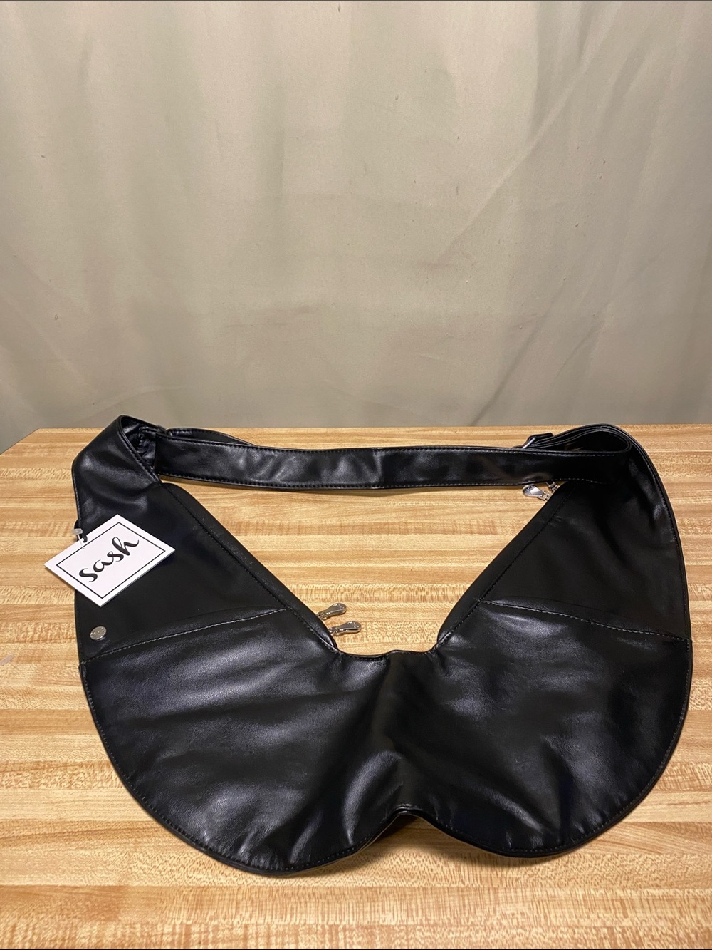 Sash Black Faux Leather Crescent Shoulder Bag Crossbody Sling Purse Travel NWT